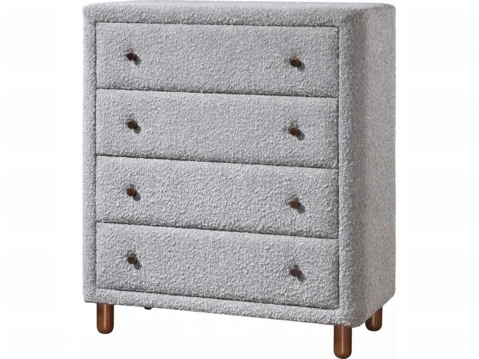 Cleo Grey Boucle Fabric Padded 4-Drawer Tall Chest