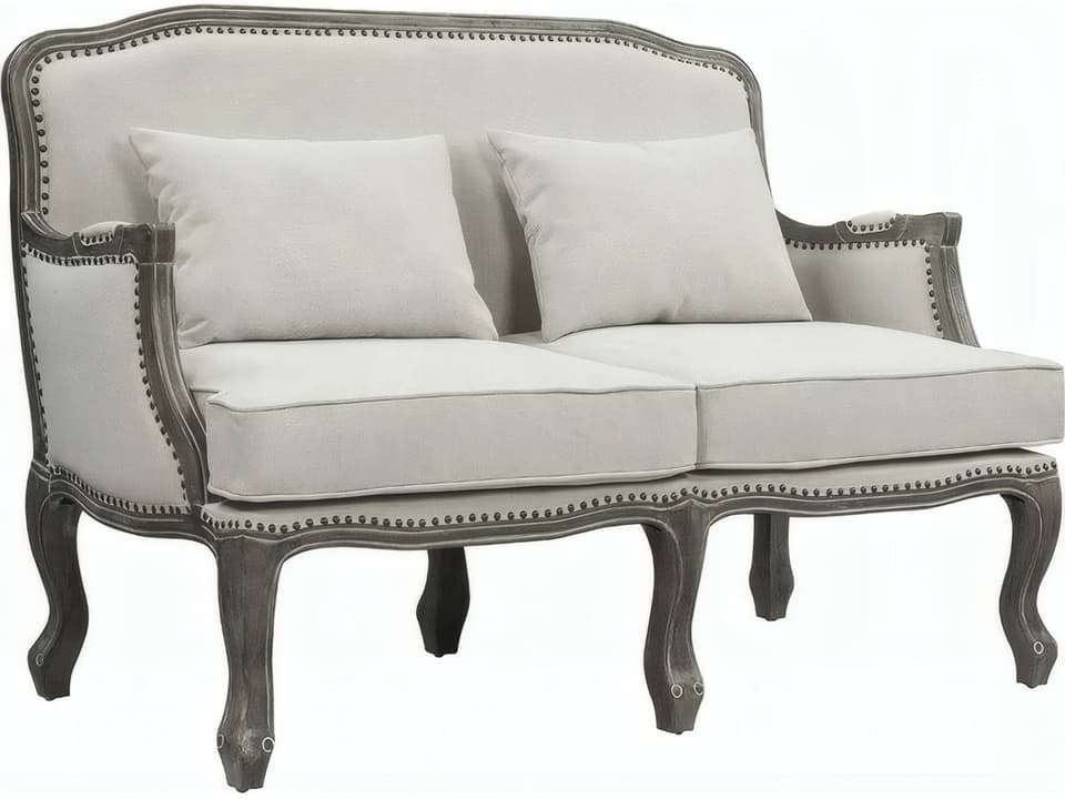 Tania Loveseat Sofa with Nailhead Trim in Cream Linen and Brown Finish