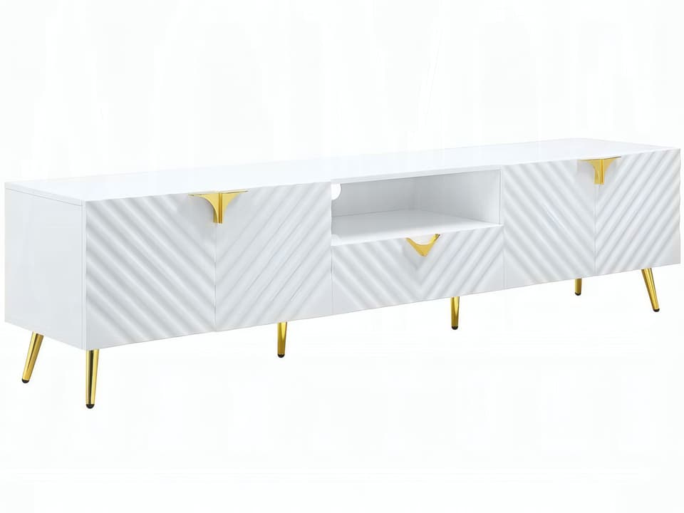 Gaines 79-Inch Contemporary TV Stand in High Gloss White and Gold