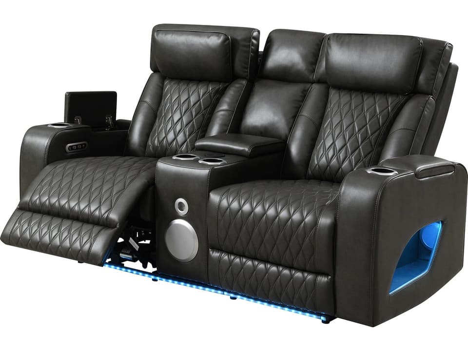Taddeo Power Reclining Loveseat with Console in Dark Gray Faux Leather