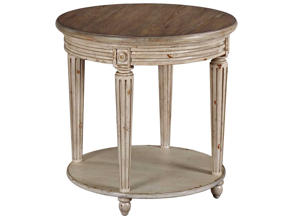 Southbury Round End Table with Lower Shelf Fossil and Parchment Finish