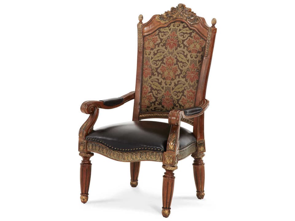 Villa Valencia Leather Birch Wood Beige Upholstered Arm Dining Chair