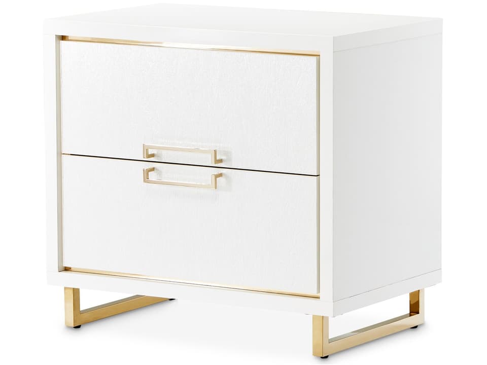 Palm Gate 2-Drawer Nightstand in Cloud White with Gold Accents