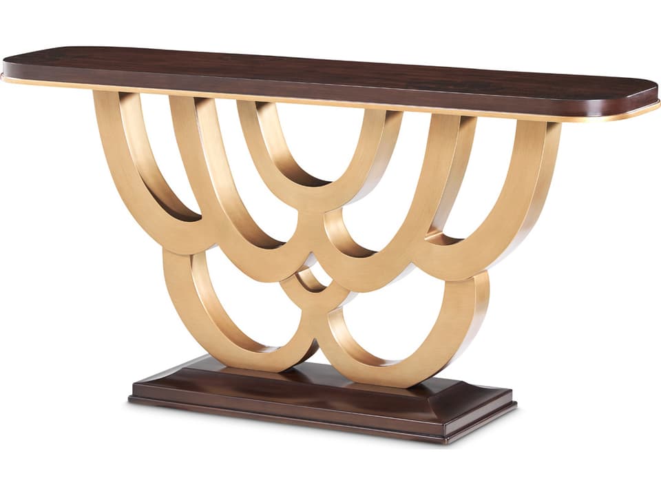 Camellia Field Console Table in Warm Pecan and Antique Gold