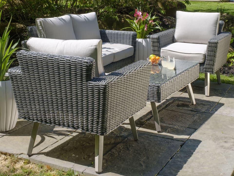 Castlewood 4-Piece Resin Wicker Patio Conversation Set with Off-White Cushions