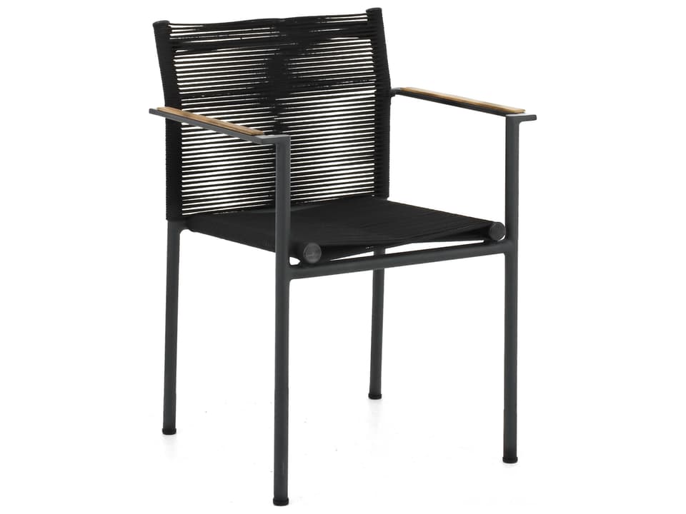 Jakarta Black Wicker Outdoor Dining Armchair with Teak Accents