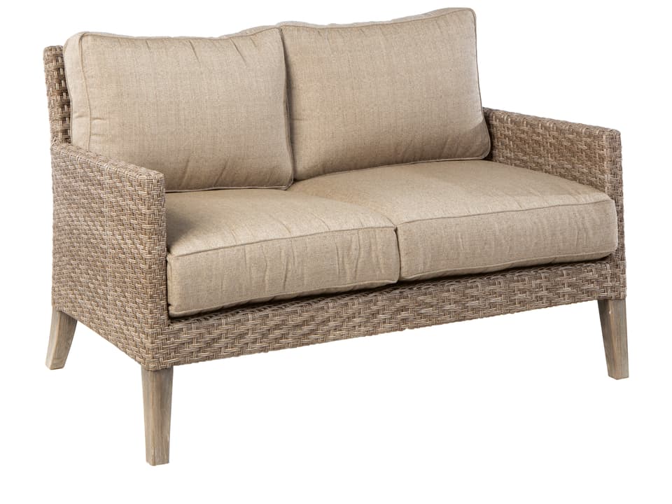 Cornwall Outdoor Deep Seating Loveseat in Vintage Patina Wicker and Eucalyptus