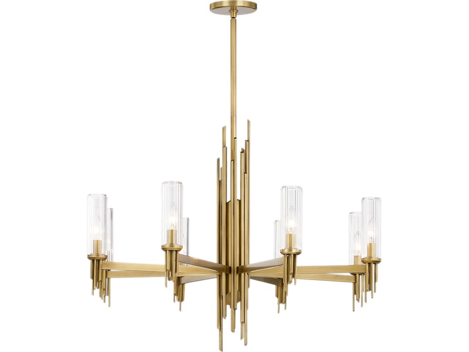 8-Light Torres Chandelier with Clear Ribbed Glass in Vintage Brass