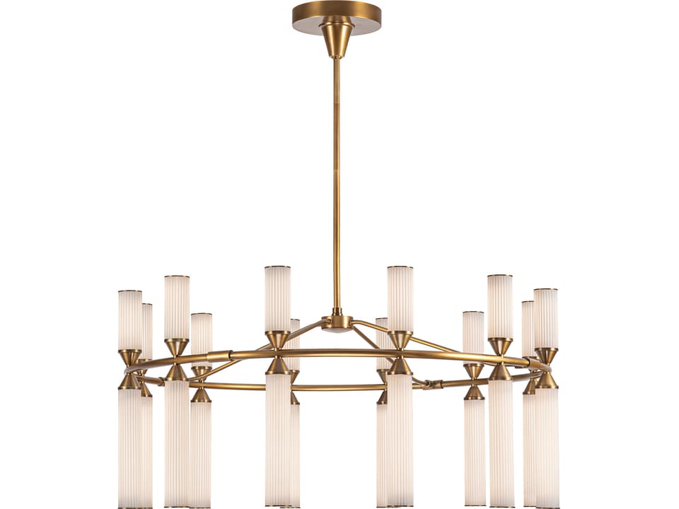 Edwin 38-Inch Integrated LED Chandelier in Vintage Brass with Frosted Ribbed Glass