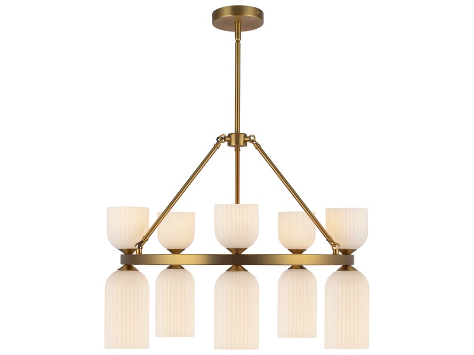 Nelly 10-Light Chandelier with Glossy Ribbed Opal Glass in Brushed Gold