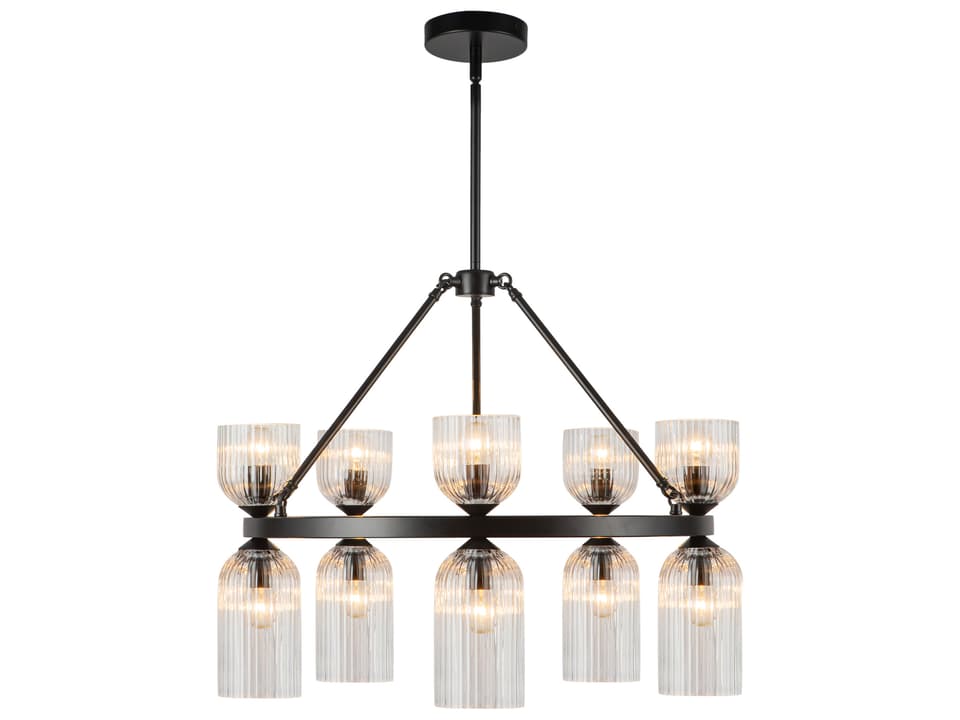 10-Light Nelly Chandelier in Matte Black with Clear Ribbed Glass