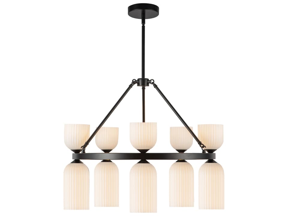 10-Light Nelly Chandelier in Matte Black with Glossy Opal Ribbed Glass