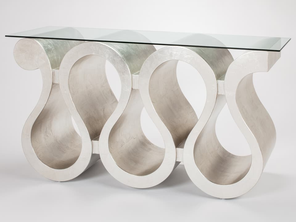 60-Inch Rectangular Glass Silver Leaf Console Table Handpainted Wood