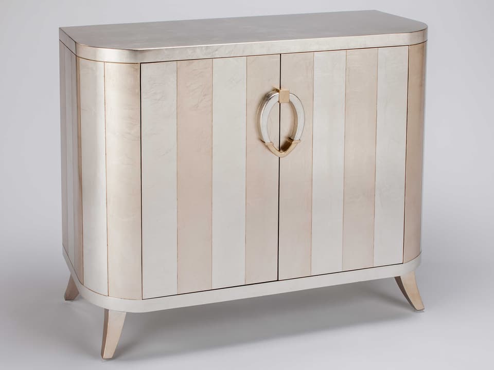 Silverleaf and Champagne Stripe Accent Cabinet with 2 Doors