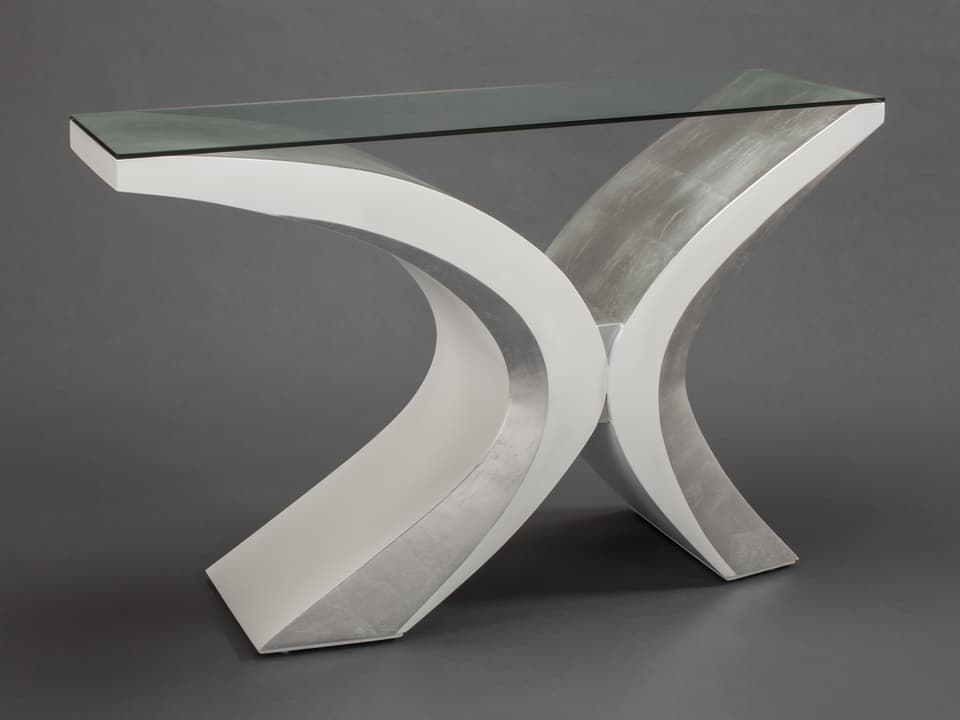 Rectangular Console Table with Glass Top in Silver Leaf White Finish