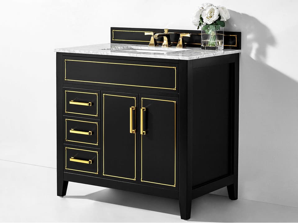Aspen 36 Inch Freestanding Single Sink Bathroom Vanity in Black Onyx with Carrara Marble Top and Gold Hardware