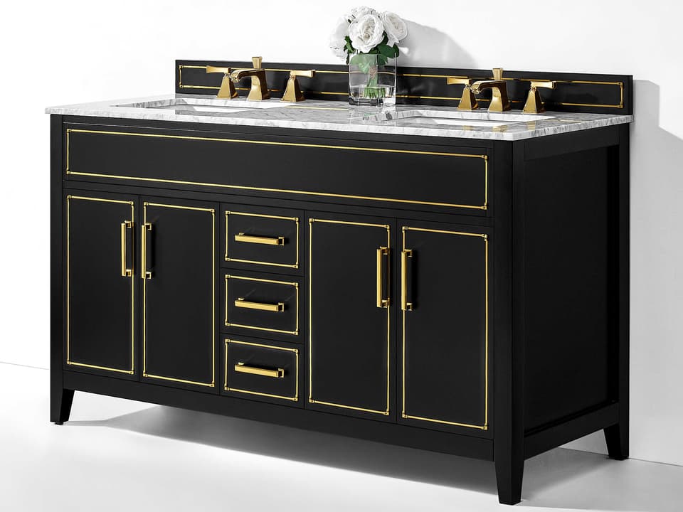 Aspen 60-Inch Double Bathroom Vanity in Black Onyx with Carrara Marble Top