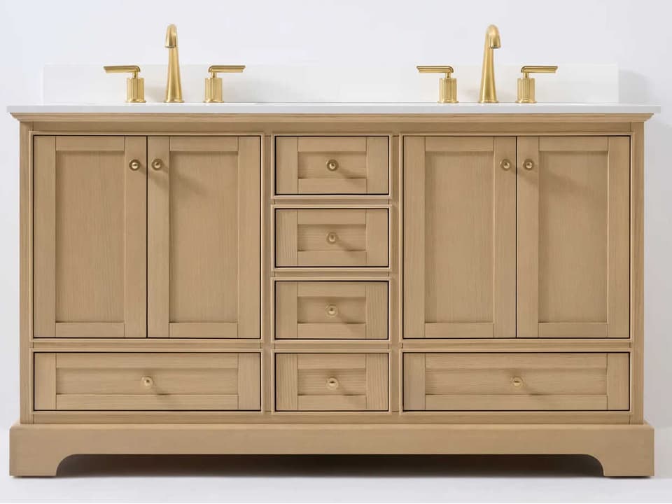 Double Bathroom Vanity Audrey 66-Inch Oak with White Quartz Top