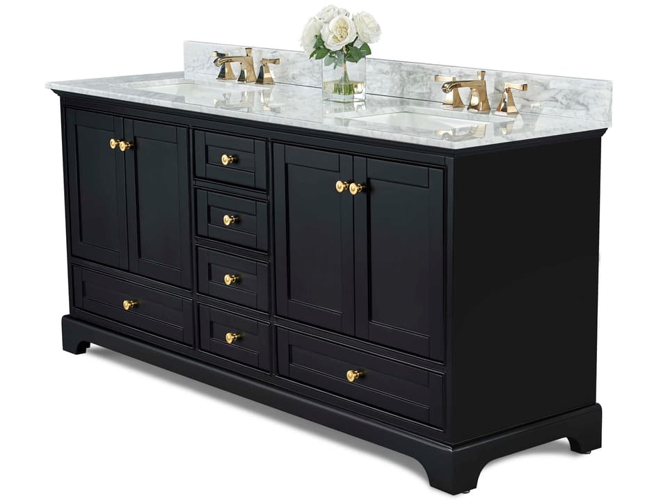 Audrey 72-Inch Double Bathroom Vanity in Black Onyx with Carrara Marble Top and Gold Hardware