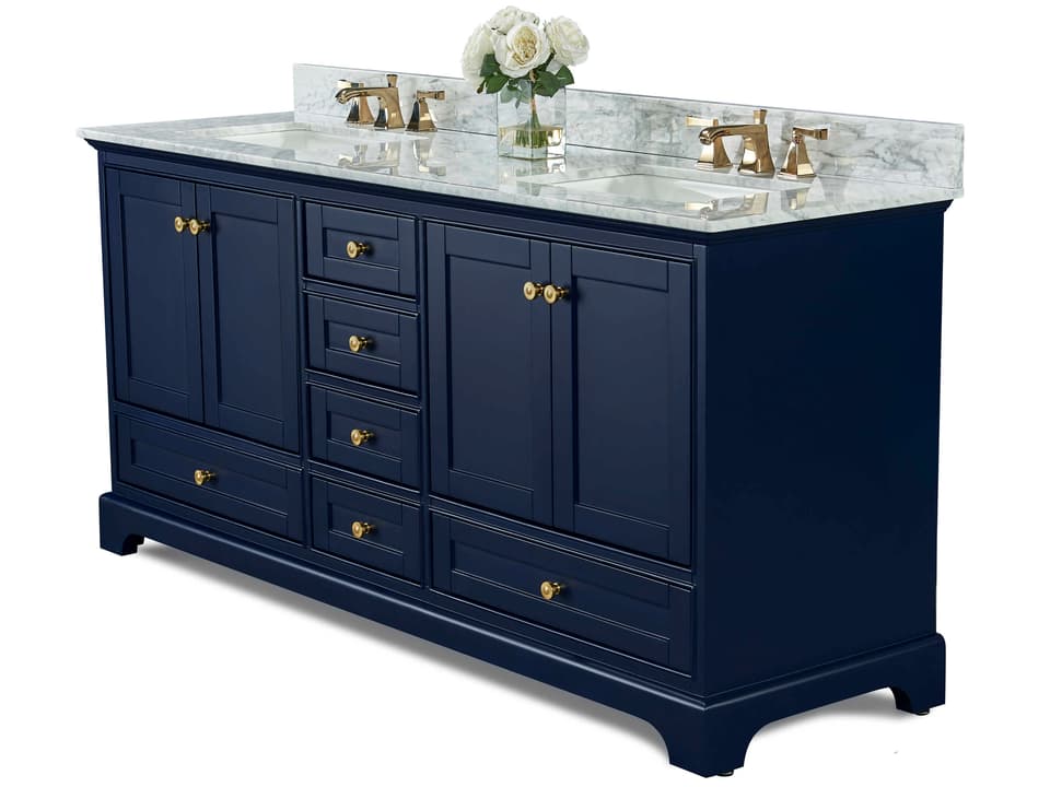 Audrey 72-Inch Double Bathroom Vanity with Italian Carrara Marble Top and Gold Hardware