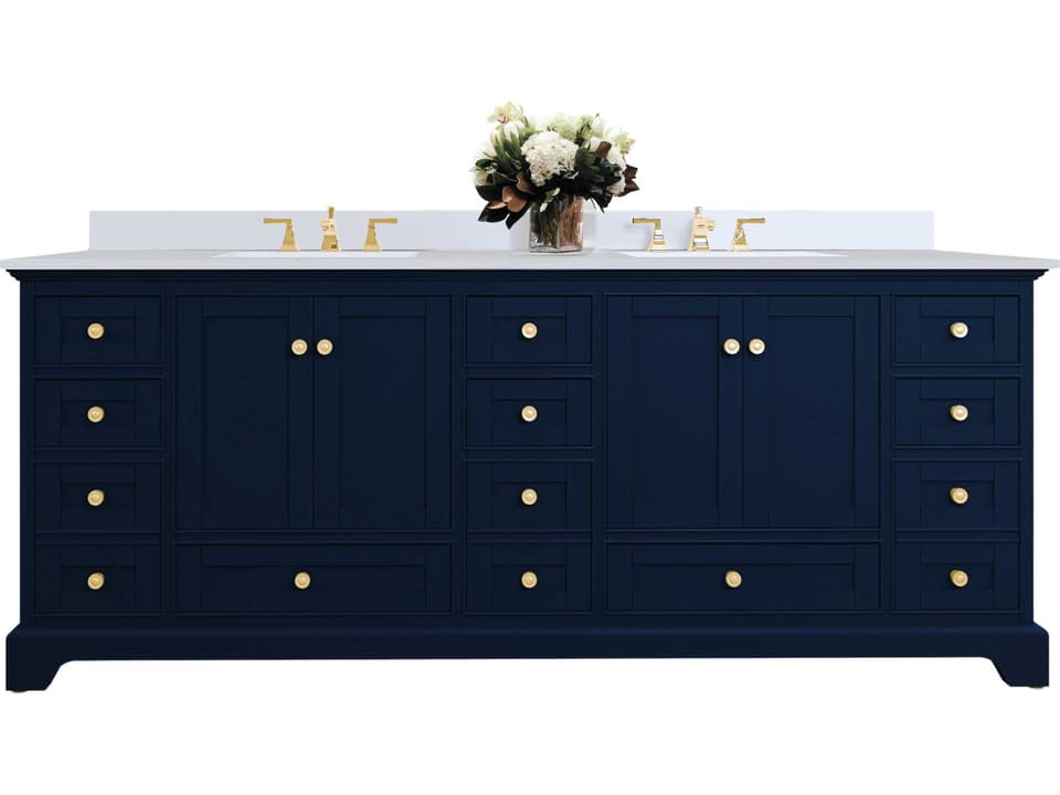Audrey 84-Inch Double Sink Bathroom Vanity with Heritage Blue Cabinet and Calacatta Laza Quartz Top