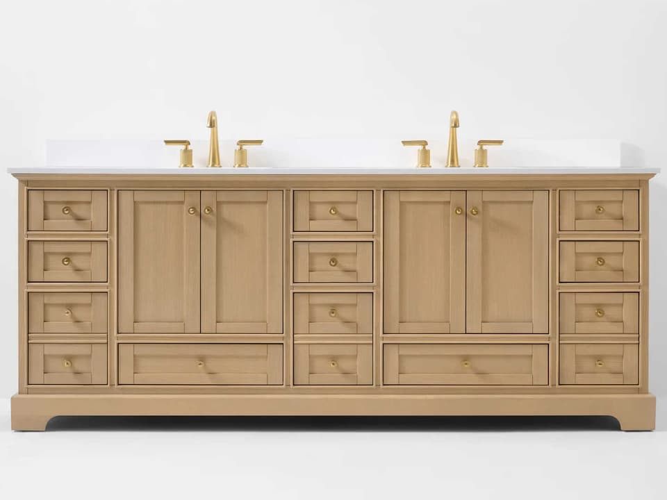 Audrey 84-Inch Double Sink Bathroom Vanity in Oak with White Quartz Top and Rose Gold Hardware