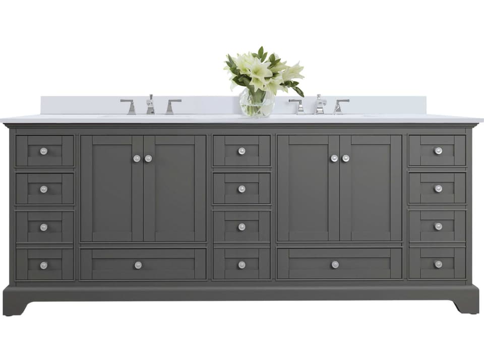 Audrey 84-Inch Bathroom Vanity Cabinet in Sapphire Gray with Quartz Calacatta Laza Top