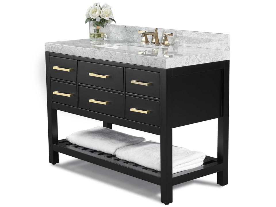 Elizabeth 48-Inch Bathroom Vanity in Black Onyx with Italian Carrara Marble Top and Brushed Gold Hardware