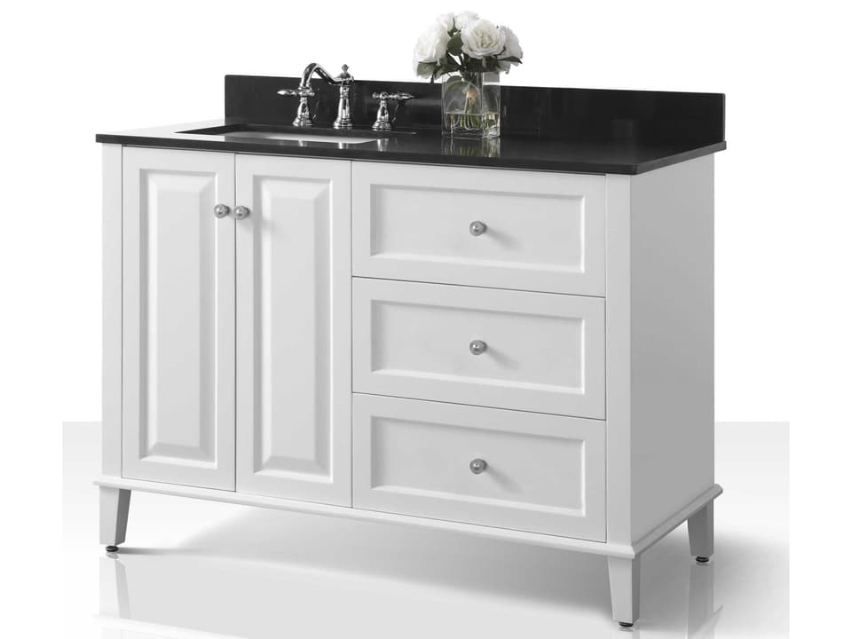 Hannah 48-Inch White Bathroom Vanity with Black Quartz Top and Left-Offset Sink