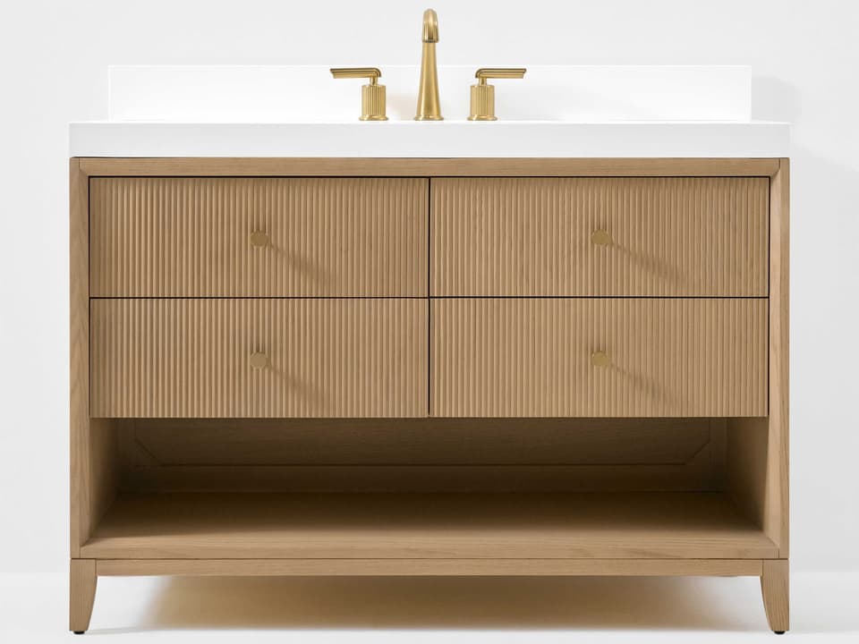 Momo 48 Inch Single Bathroom Vanity Oak White Quartz Top
