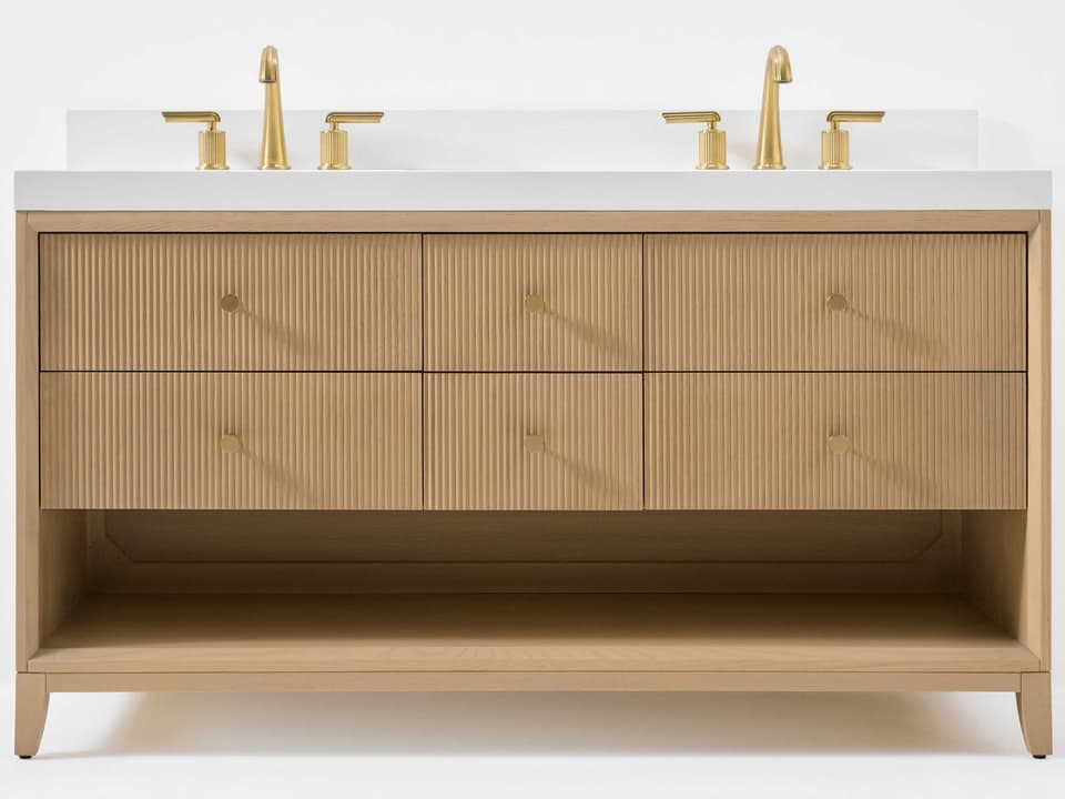 Momo 60 in Solid Oak Double Bathroom Vanity with White Quartz Top