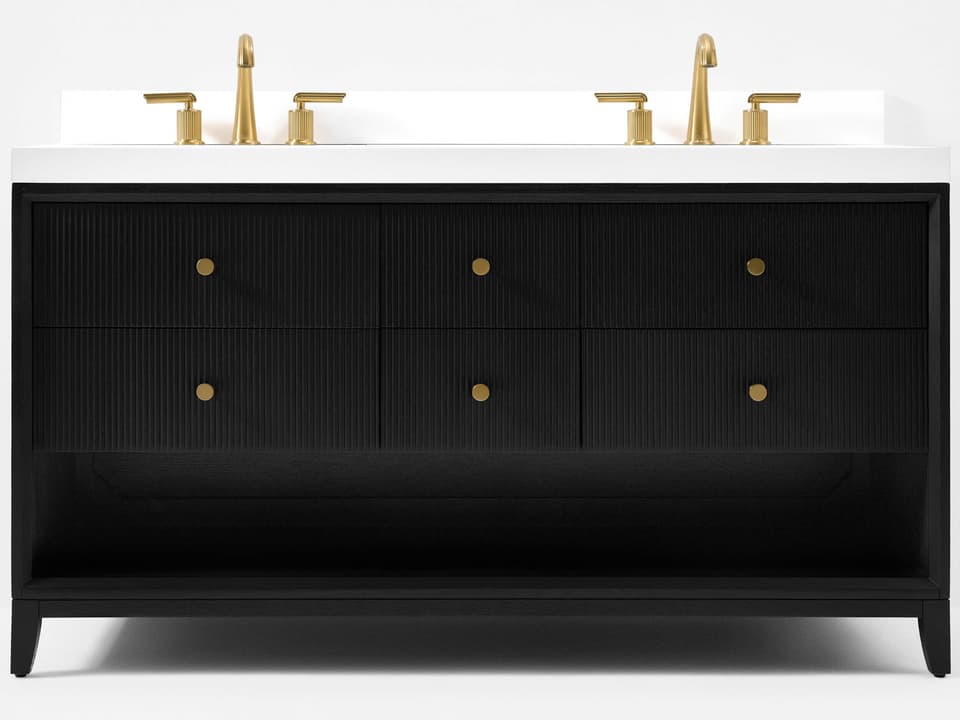 Momo 60 Inch Double Bathroom Vanity in Black Oak with Alpine White Quartz Top