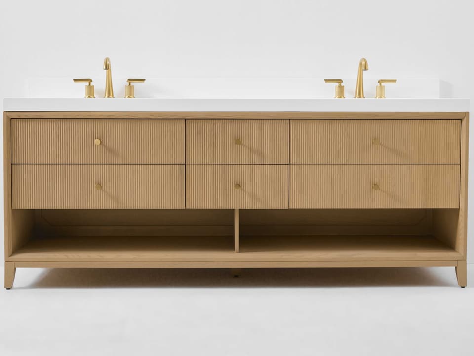 Bath Vanity Momo 84 Inch Oak White Quartz Top Double Sink