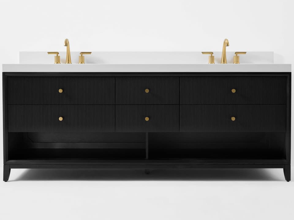 Momo Collection 84 Inch Double Bathroom Vanity Black Oak White Quartz Top