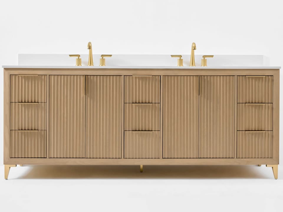 Turlington 84-Inch Double Bathroom Vanity in Oak with White Quartz Top and Gold Hardware