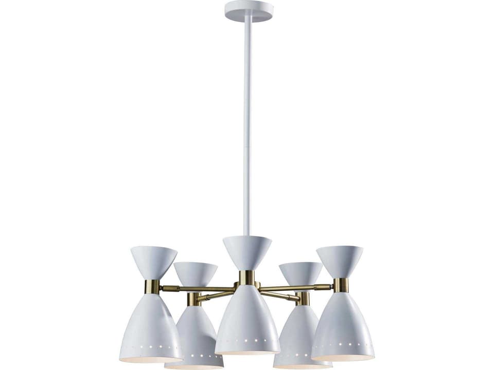 Oscar 5-Light Mid-Century Modern Pendant Light in White with Antique Brass