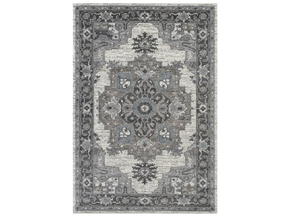 Alexandria Bordered Medallion Area Rug in Ivory Stone Gray