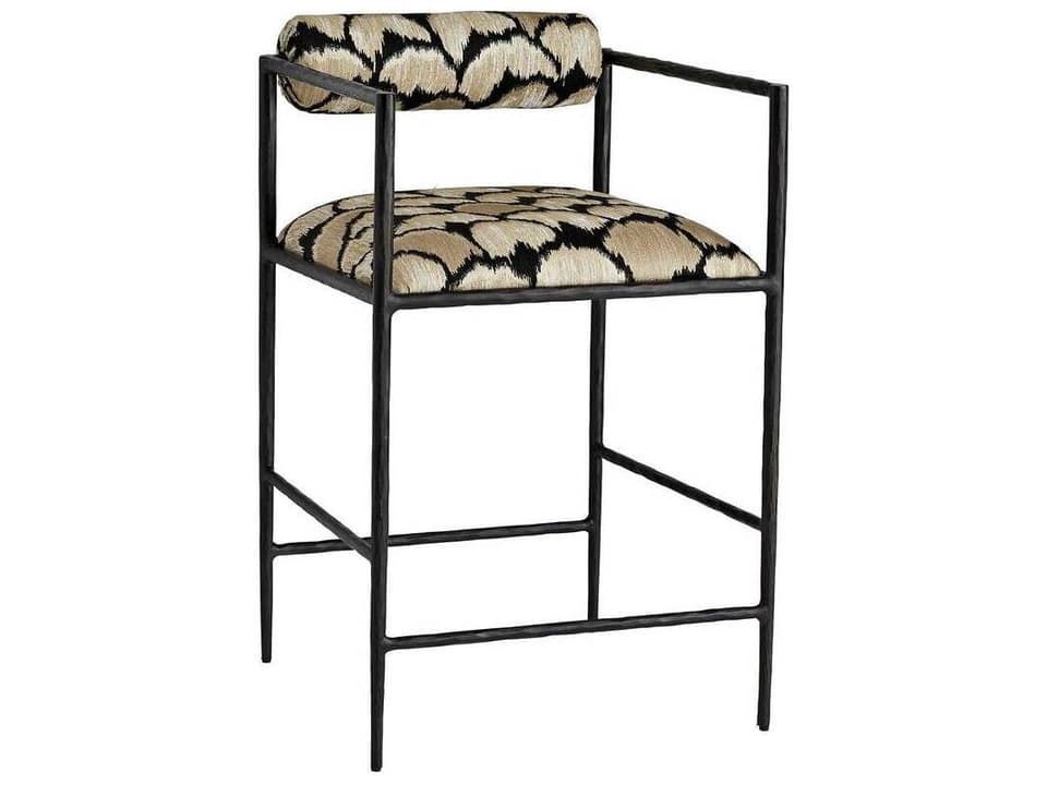 Barbana Counter Stool Natural Iron and Embroidered Linen
