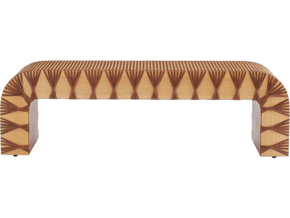 Hutchins Woven Leather and Oak Waterfall Bench with Antique Brass