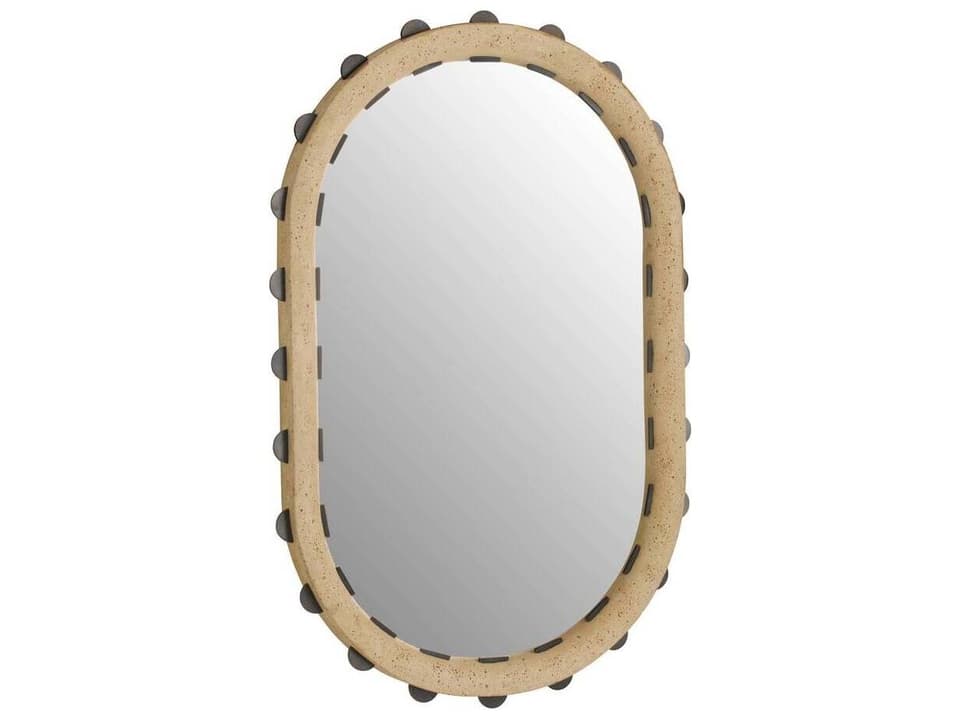 Nicolai Oval Wall Mirror in Faux Travertine with Iron Accents
