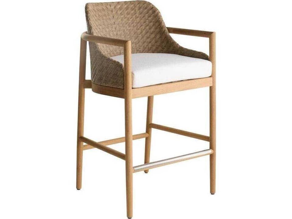 Chilton Outdoor Bar Stool in Natural Teak Pearl Boucle and Synthetic Rattan