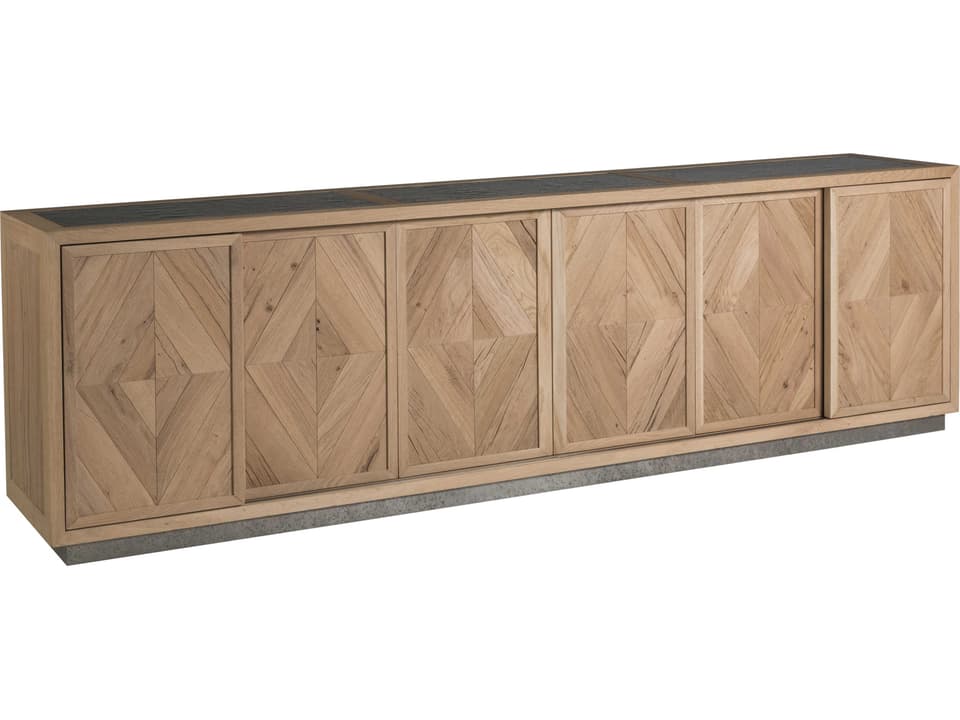 Home Verite Long Media Console in Light Oak and Antiqued Gun Metal