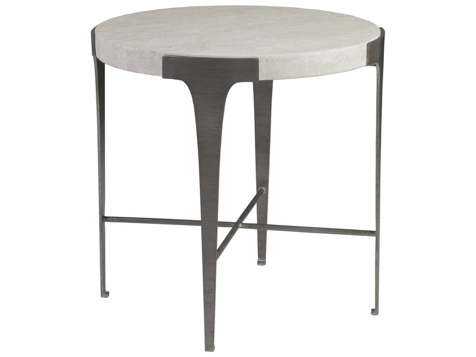 Home Cachet Round End Table with Travertine Top in Ribbed Silver Leaf