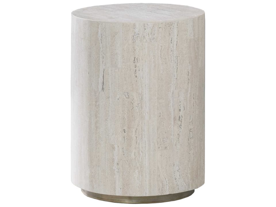 Cassio Round Drum End Table White Travertine and Silver Metallic