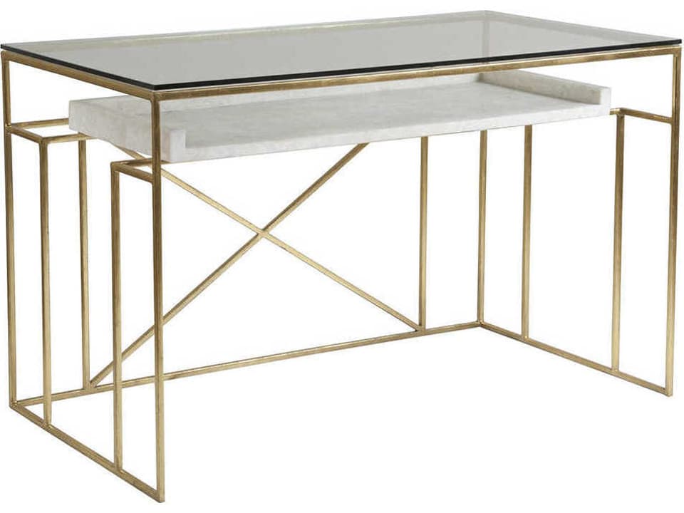 Home Cumulus Writing Table Gold Foil Finish with Glass Top and Crystal Stone