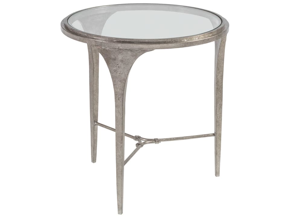 Home Porto Round End Table in Hammered Textured Silver Iron and Glass