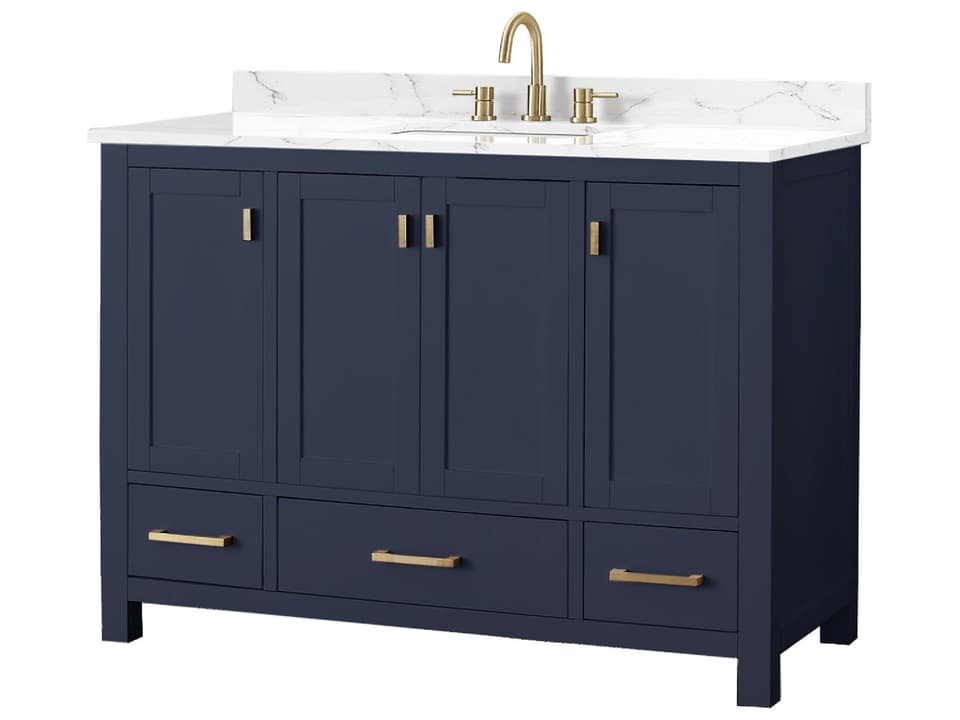 Modero 49 in. Single Sink Bathroom Vanity in Navy Blue with Cala White Engineered Stone Top