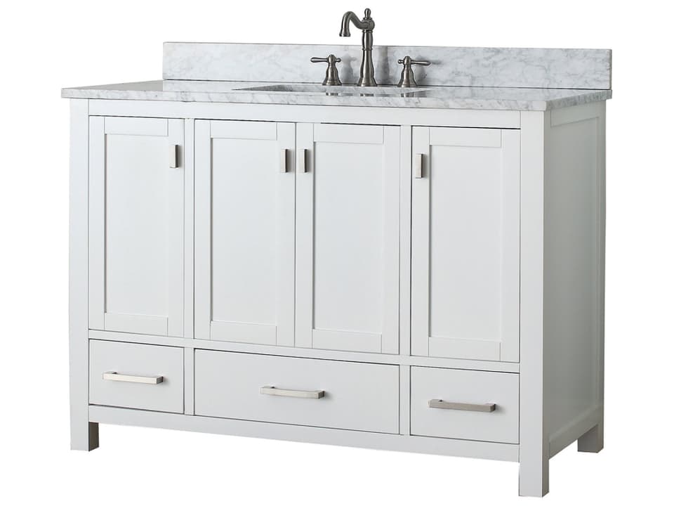 Modero 49 in. Single Sink Bathroom Vanity in White with Carrara White Marble Top