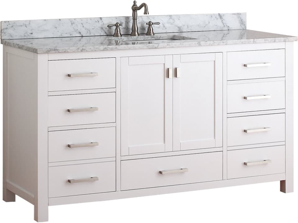 Modero 61 in. Single Sink Bathroom Vanity in White with Carrara White Marble Top