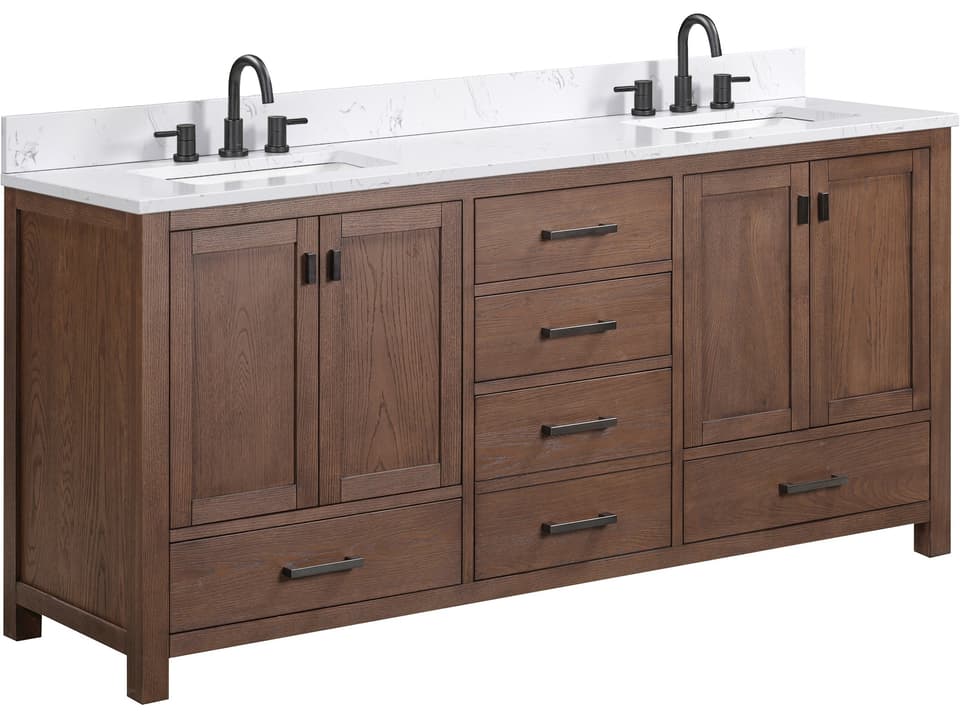 Modero 73 in. Double Sink Bathroom Vanity in Mocha Oak with Cala White Engineered Stone Top